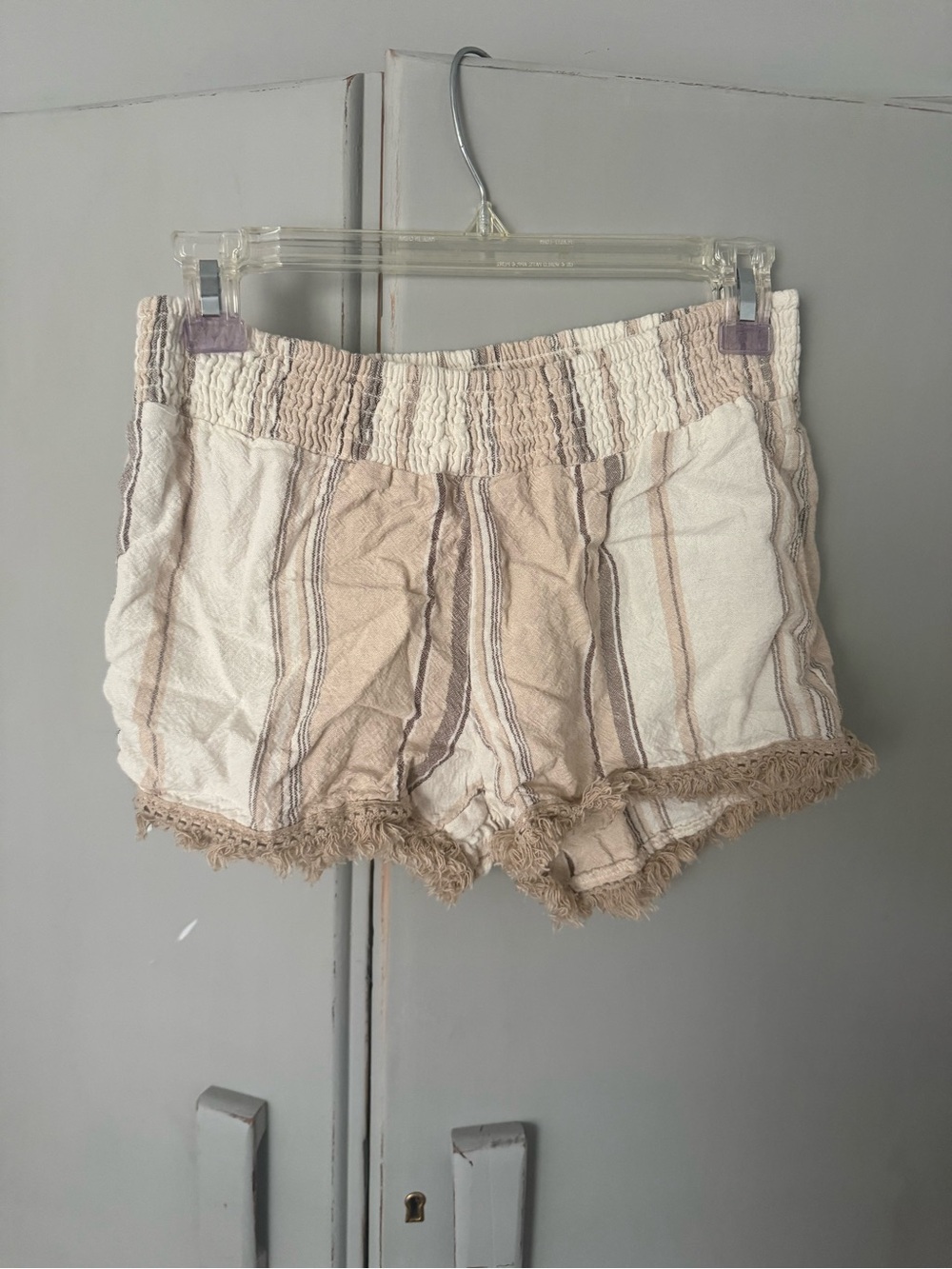 Striped Beige Cream Frayed Hem Shorts